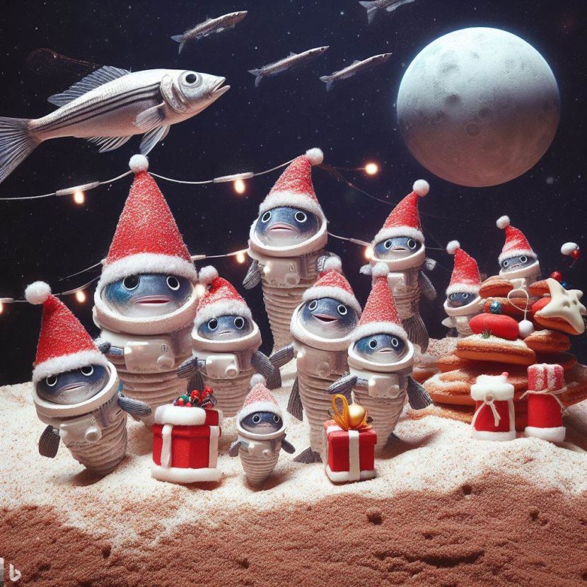 Fish celebrating Christmas in outer space.