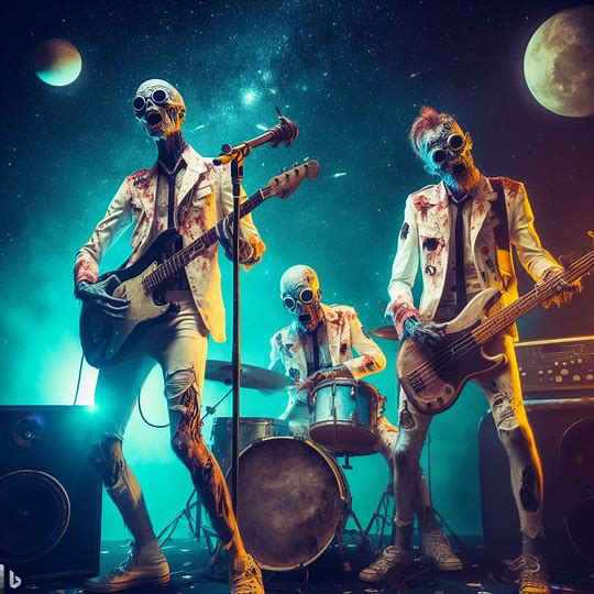 A zombie punk rock band playing in outer space.