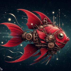 A red steampunk searobin fish swimming in outerspace.