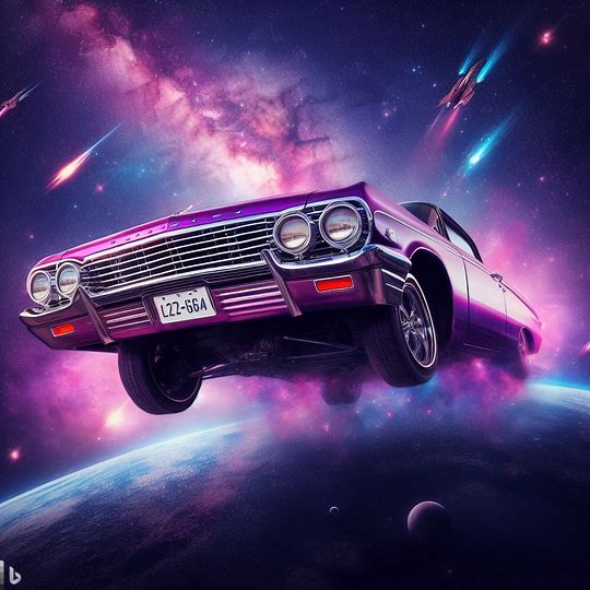 A DALL-E-3 created image of a purple 1964 Chevy Impala flying in outer space.