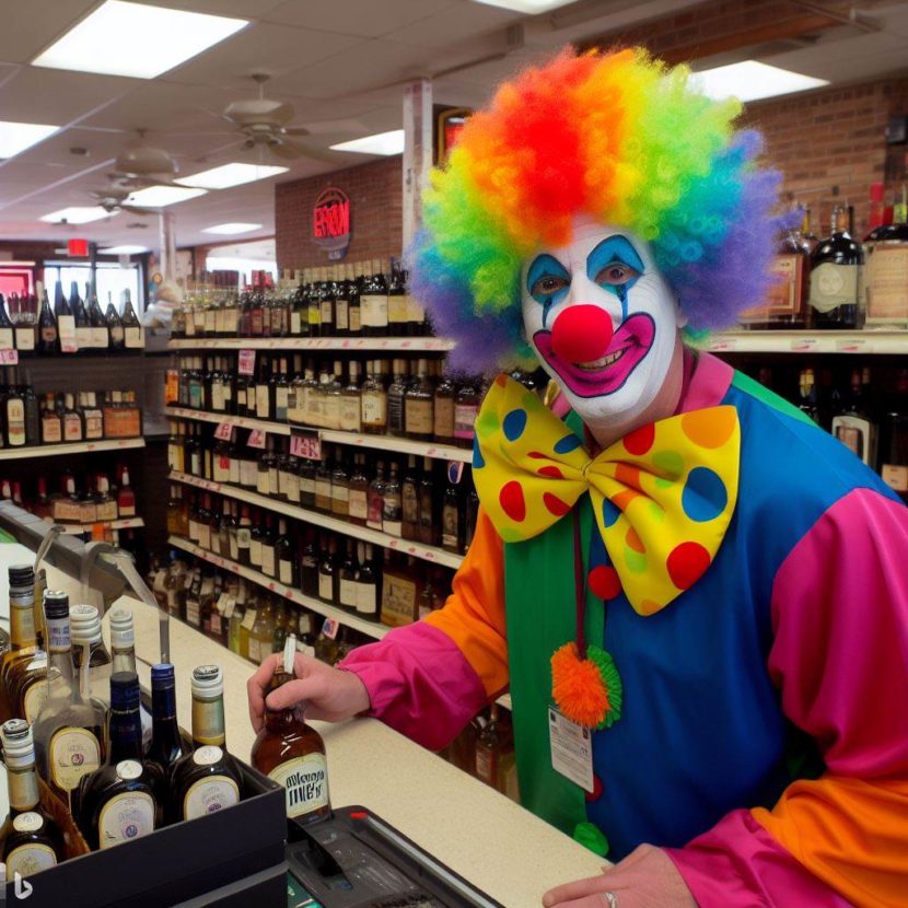 A clown working at a liquor store.