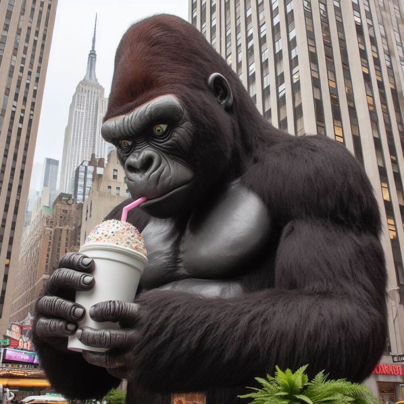 A DALL-E-3 created image of a giant gorilla in NYC drinking a Milkshake.