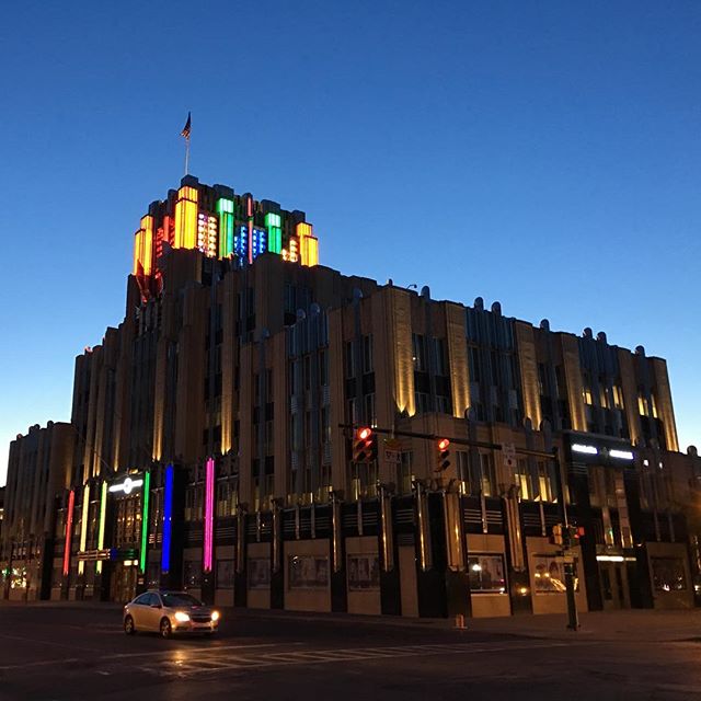 The colorfully illuminated art-deco Niagara Mohawk Building: