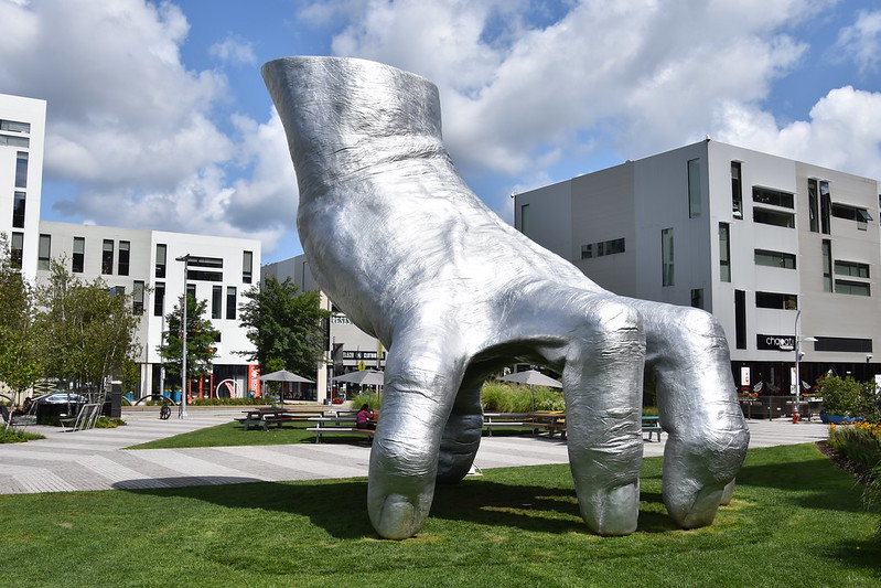 Giant metal hand outside MOCA in Cleveland